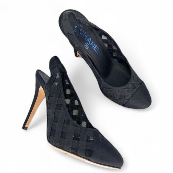 CHANEL Black Diamond Pattern Mesh CC Logo Cap Toe Slingback Sandals Size… - Picture 8 of 16